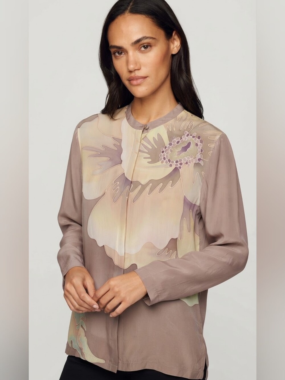 Mureli 100% Silk Floral Art Print Mandarin Collar Blouse Neutral Taupe medium